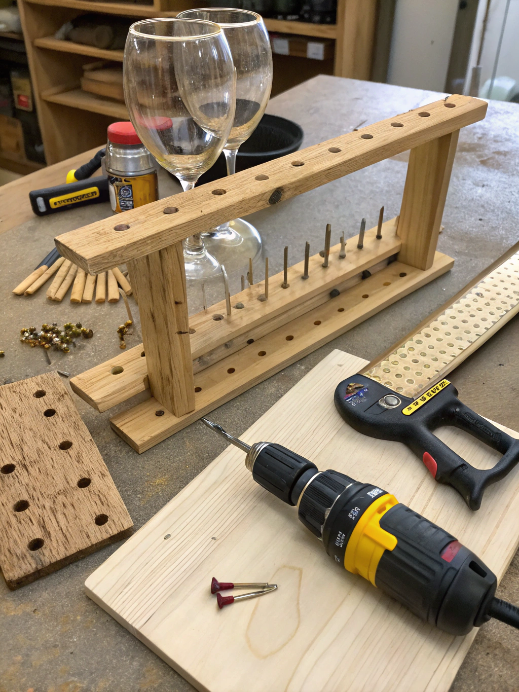 Materials and tools needed for a DIY wine glass rack project laid out on a workbench.