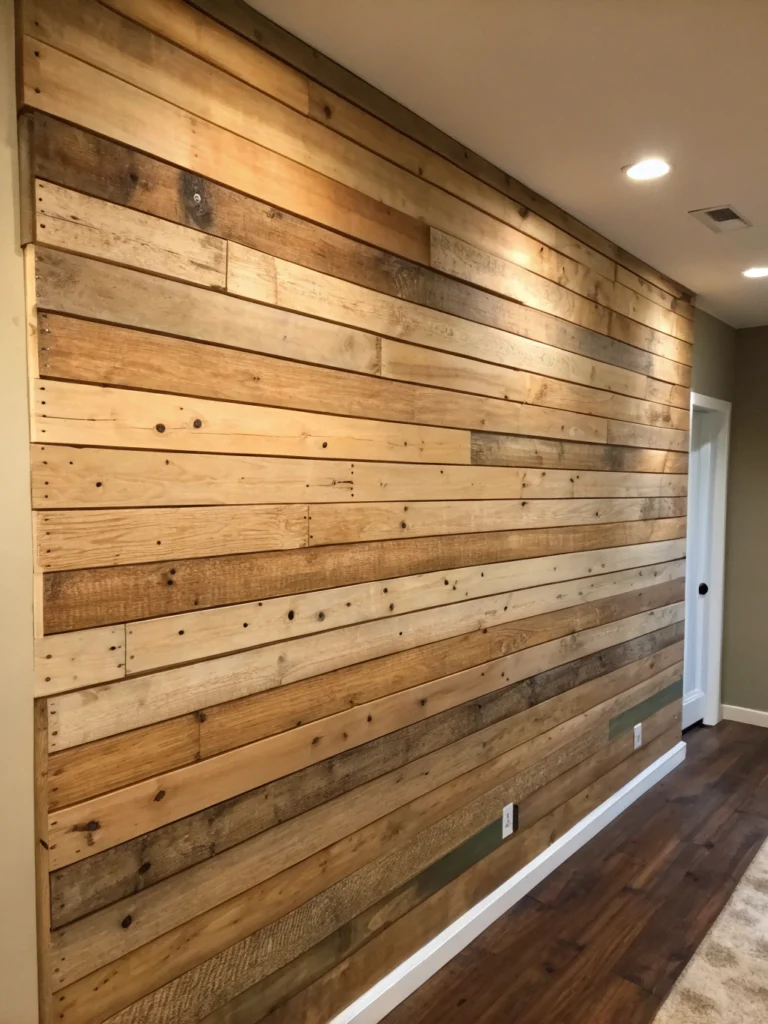 DIY wood plank wall with cozy decor in a modern living room, enhancing home design in Austin.