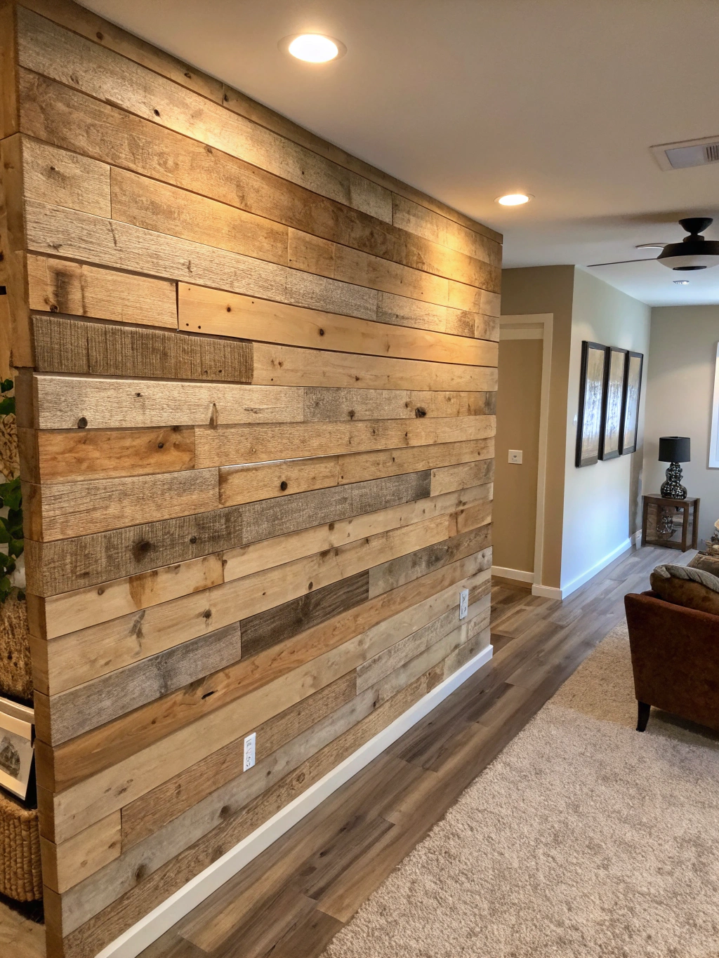 A stunning, completed DIY wood plank wall showcasing a beautifully transformed room, with stylish decor.