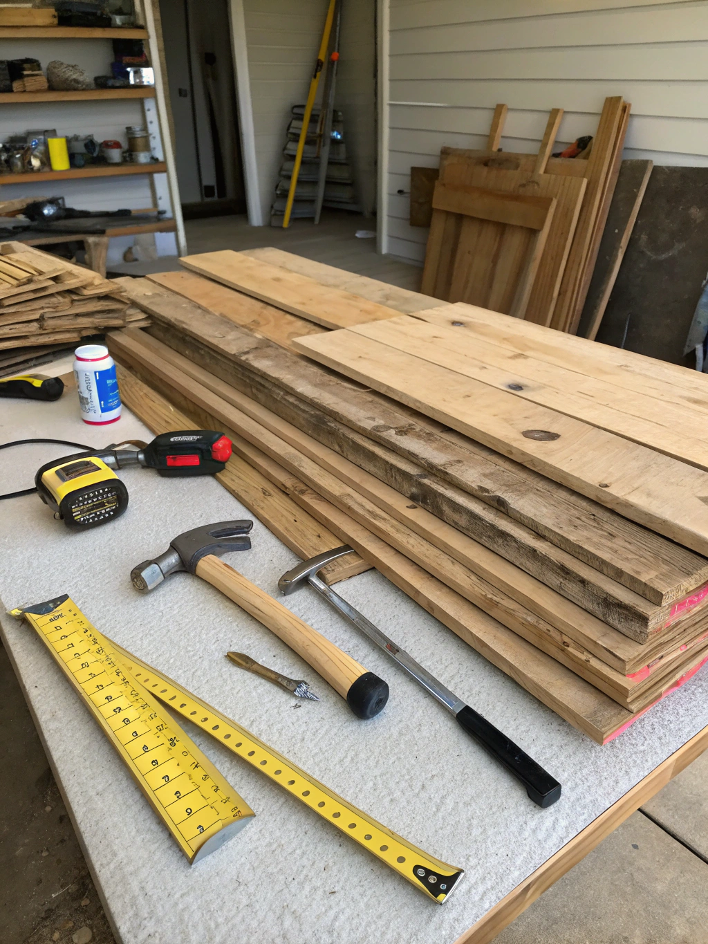 A flat lay of tools and materials needed for a DIY wood plank wall project, including wood planks, a saw, level, measuring tape, and nails.