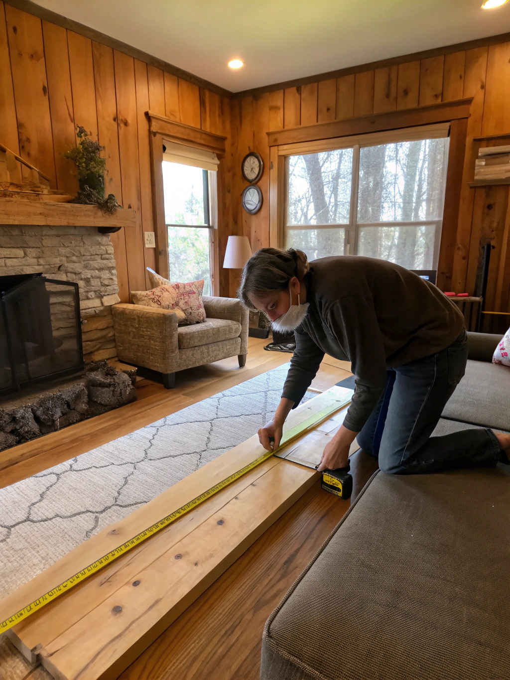 Step 1: A wall being prepped for a DIY wood plank wall, showing stud markings and planks acclimating in the room.