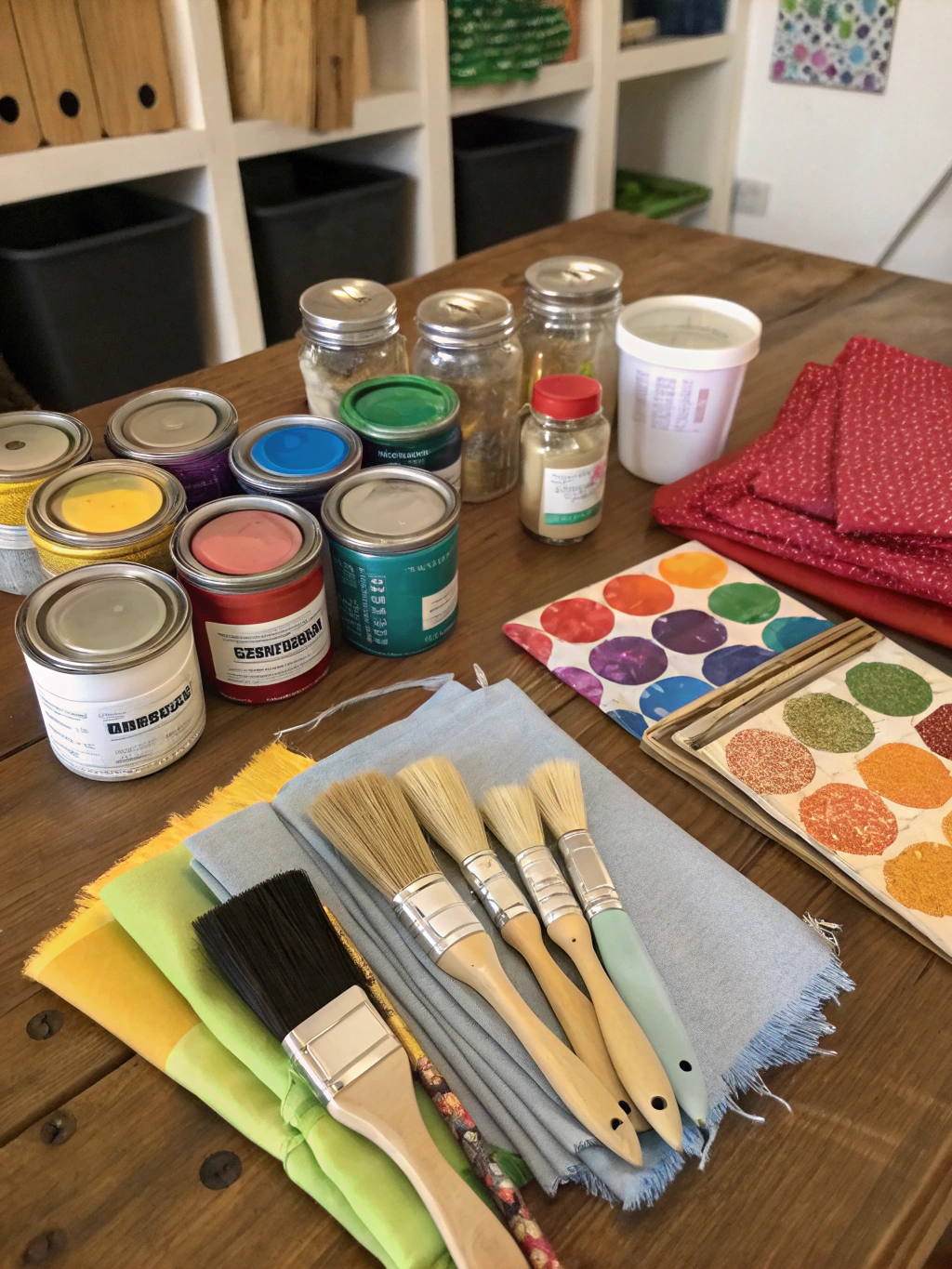 Essential tools and materials for creative reuse art projects.
