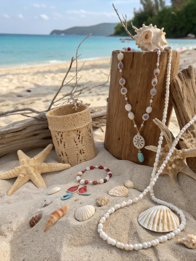 Colorful DIY beach crafts displayed on sand, showcasing summer creativity with shells and driftwood projects in Miami.