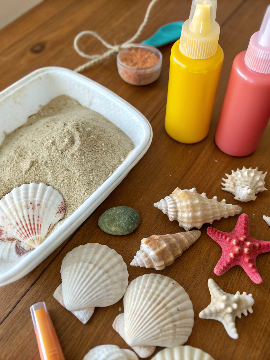 A collection of common beach craft supplies like seashells, driftwood, glue, paint, and brushes laid out on a wooden table.