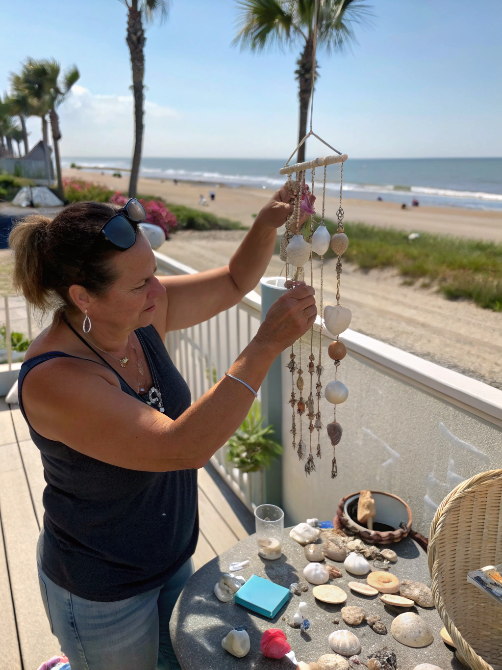 Step-by-step image for DIY beach crafts project: showing seashells being attached to strings on a piece of driftwood for a wind chime.