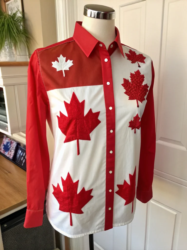 Festive DIY Canada Day shirt with red maple leaf design on white fabric, perfect for celebrating July 1st in Canada.
