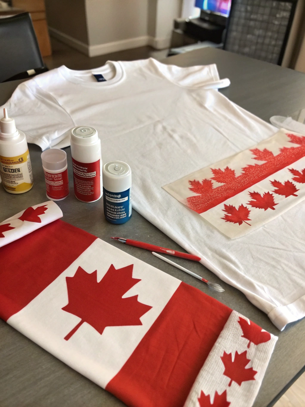 A collection of craft supplies including a plain t-shirt, fabric paints, stencils, brushes, and scissors arranged on a wooden table, ready for a DIY Canada Day shirt project.