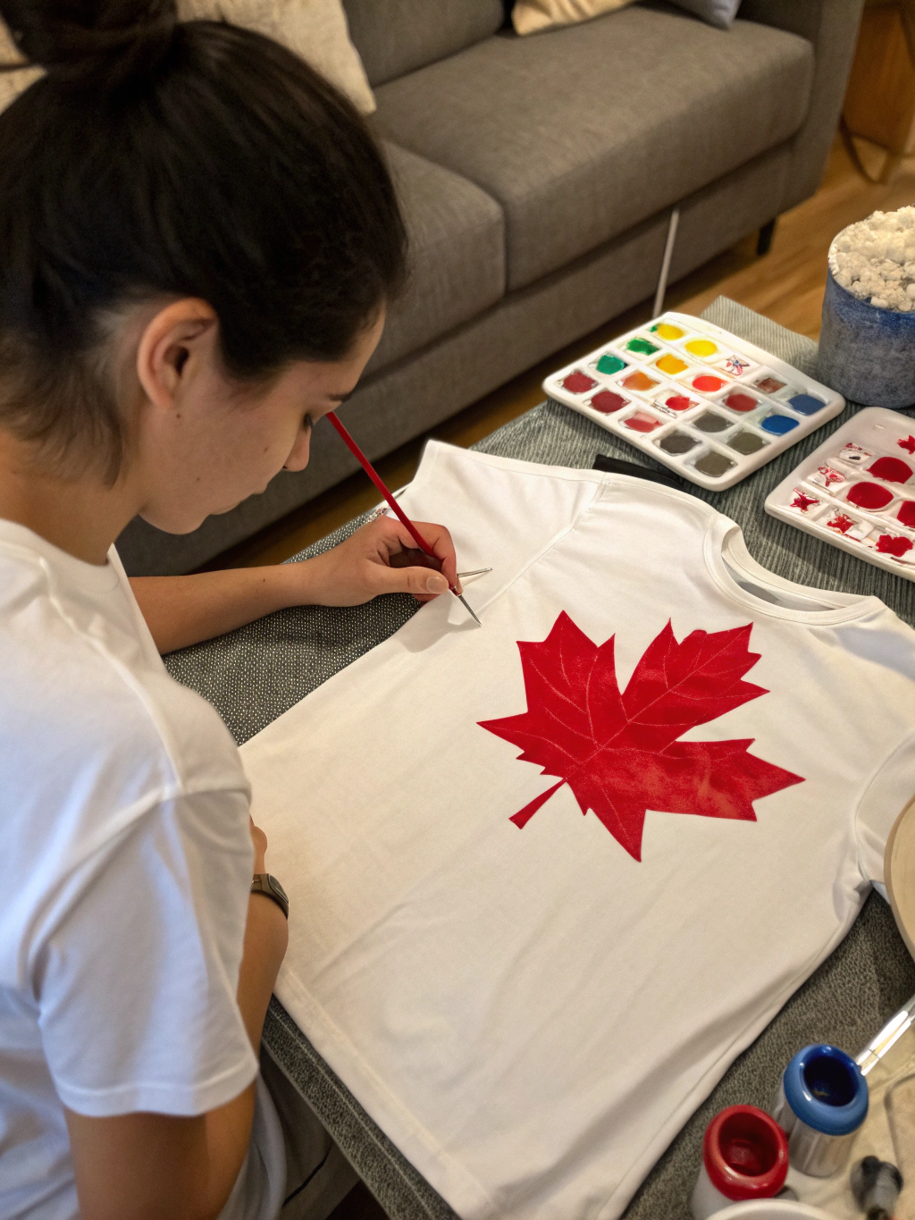 A plain white t-shirt laid flat on a craft table, with a piece of cardboard being inserted inside it, illustrating Step 1 of the DIY Canada Day shirt tutorial.
