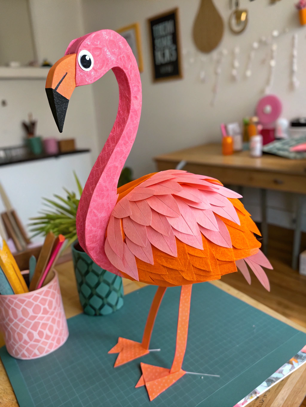 A vibrant collection of completed DIY flamingo crafts summer projects, including felt ornaments, pipe cleaner figures, and paper plate flamingos, displayed cheerfully.