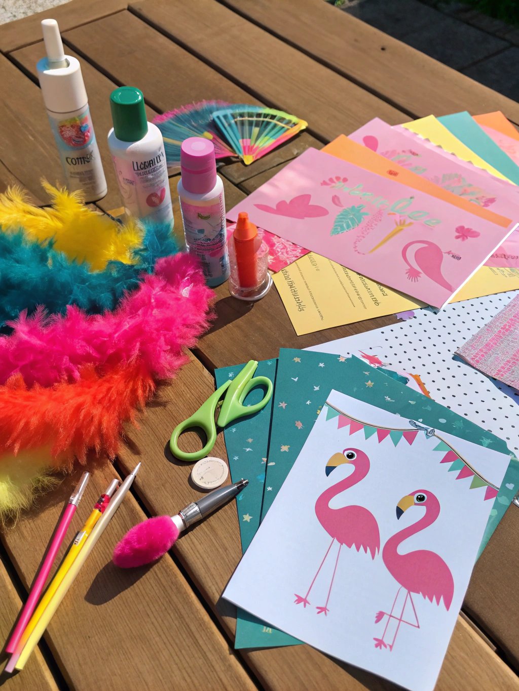 A flat lay of various craft supplies including pink felt, googly eyes, glue, scissors, and pipe cleaners, perfect for diy flamingo crafts summer projects.