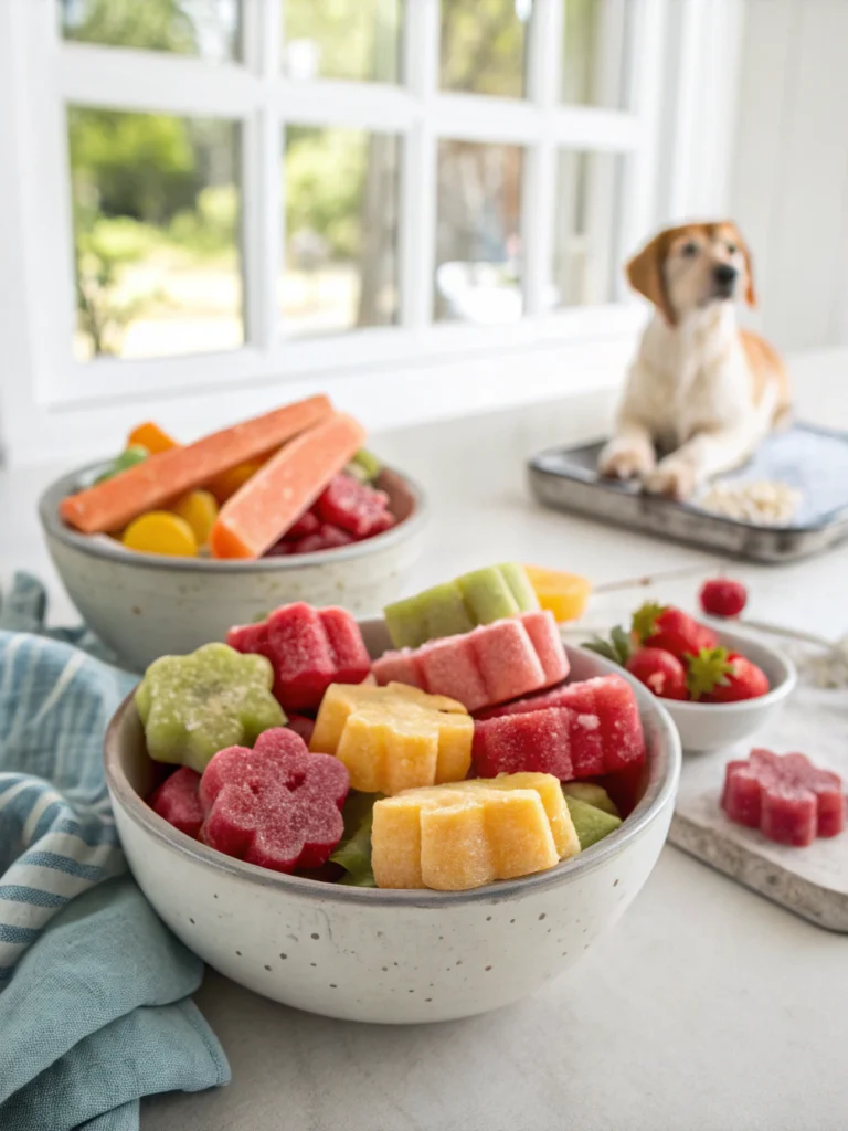 Dog enjoying homemade frozen treat outdoors, summer DIY fun for pets.