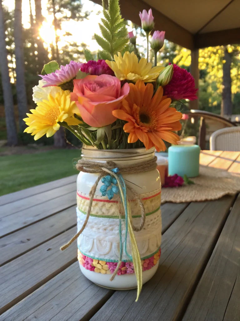 Colorful DIY summer crafts made from mason jars, showcasing creative and easy decoration ideas.