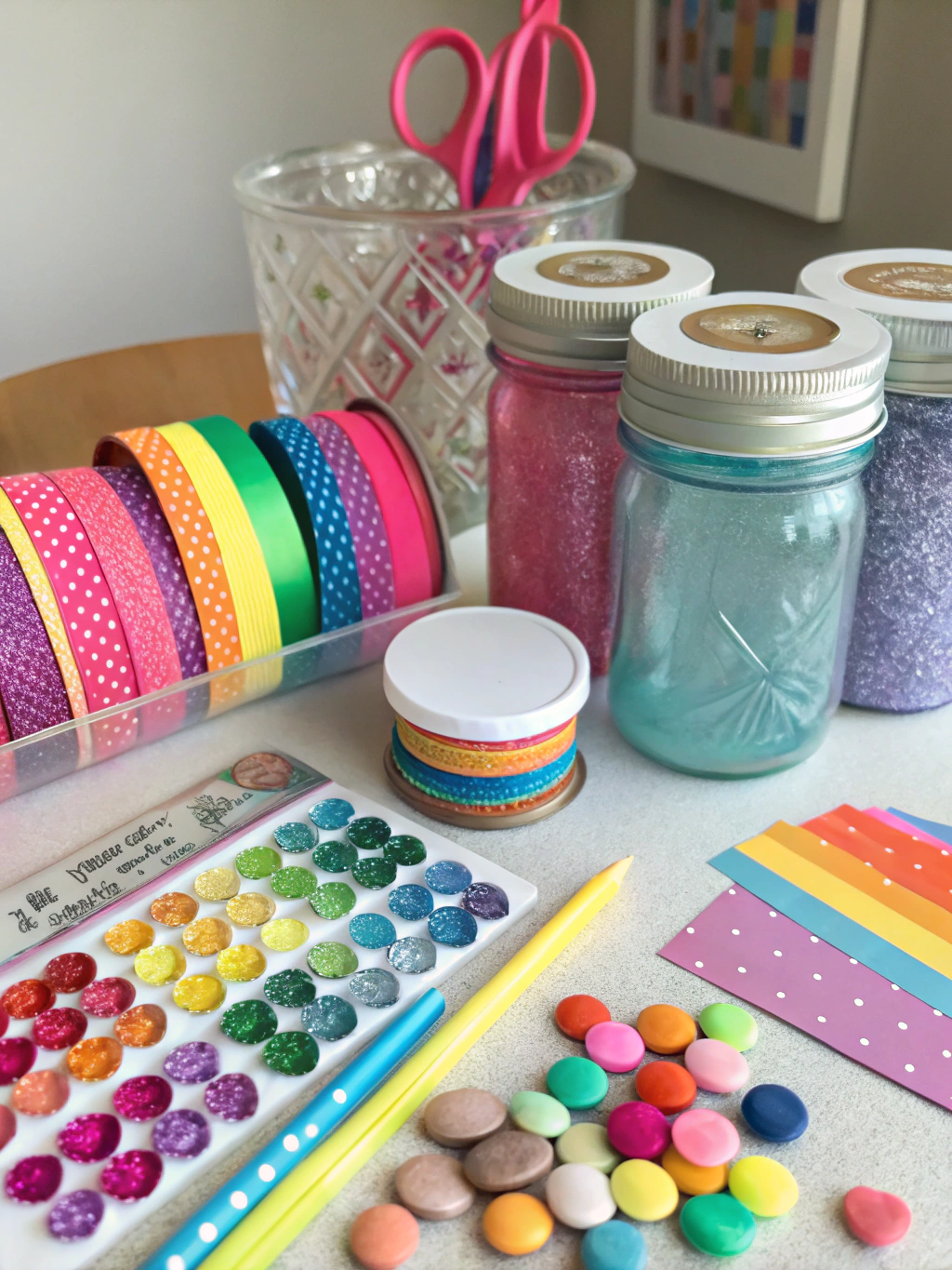 A collection of craft supplies like mason jars, paint, brushes, twine, and scissors laid out on a wooden table.
