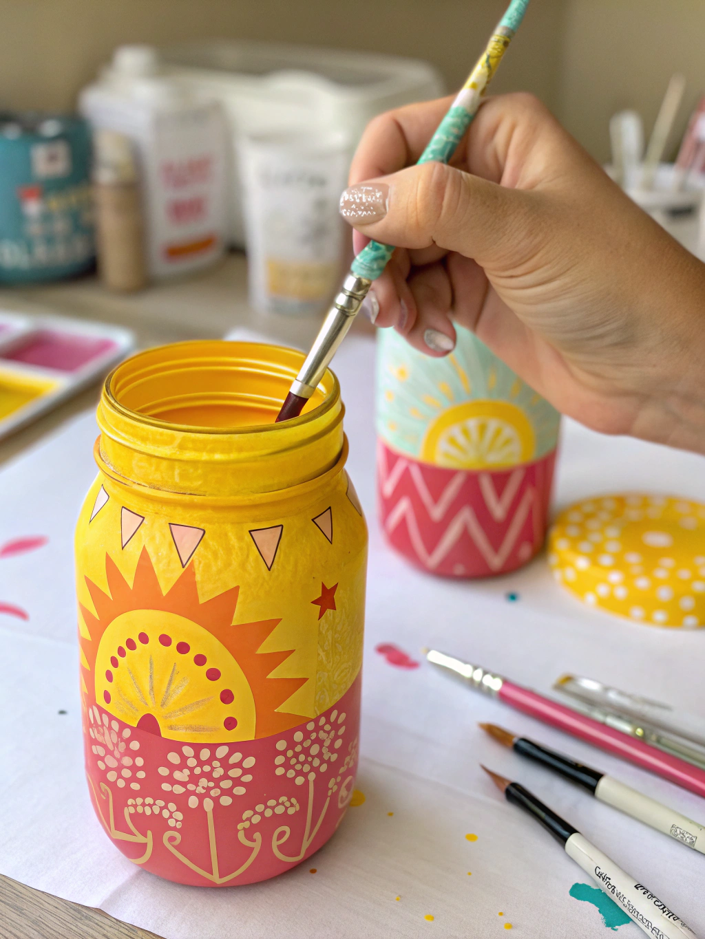 A mason jar being wrapped with twine around its neck.