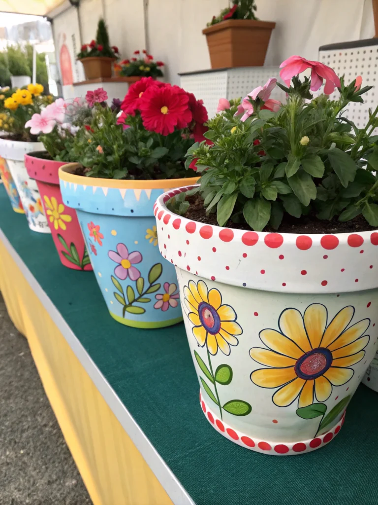 DIY painted flower pots showcasing colorful summer designs in a garden setting, perfect for creative outdoor decor.