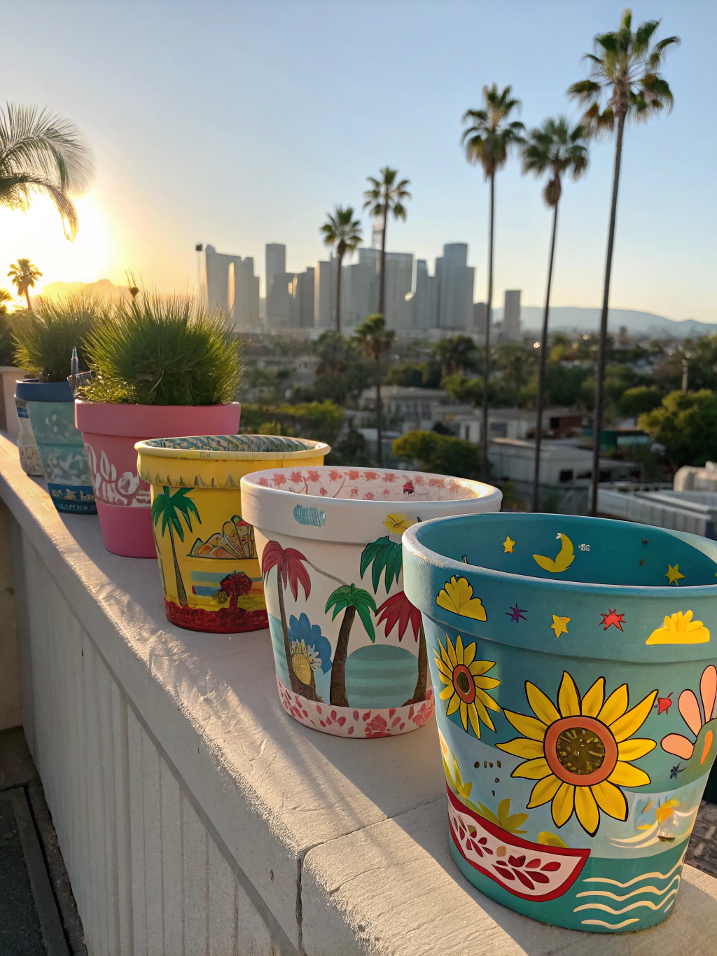 A beautiful final shot of several completed painted flower pots, planted with vibrant summer flowers and succulents, displayed on a sunny patio.