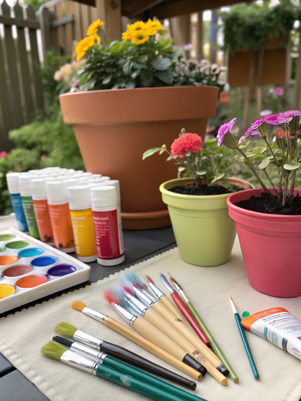 All the materials needed for painting flower pots laid out on a drop cloth: terracotta pots, acrylic paints in various colors, paintbrushes, painter's tape, a sealant, and a primer.