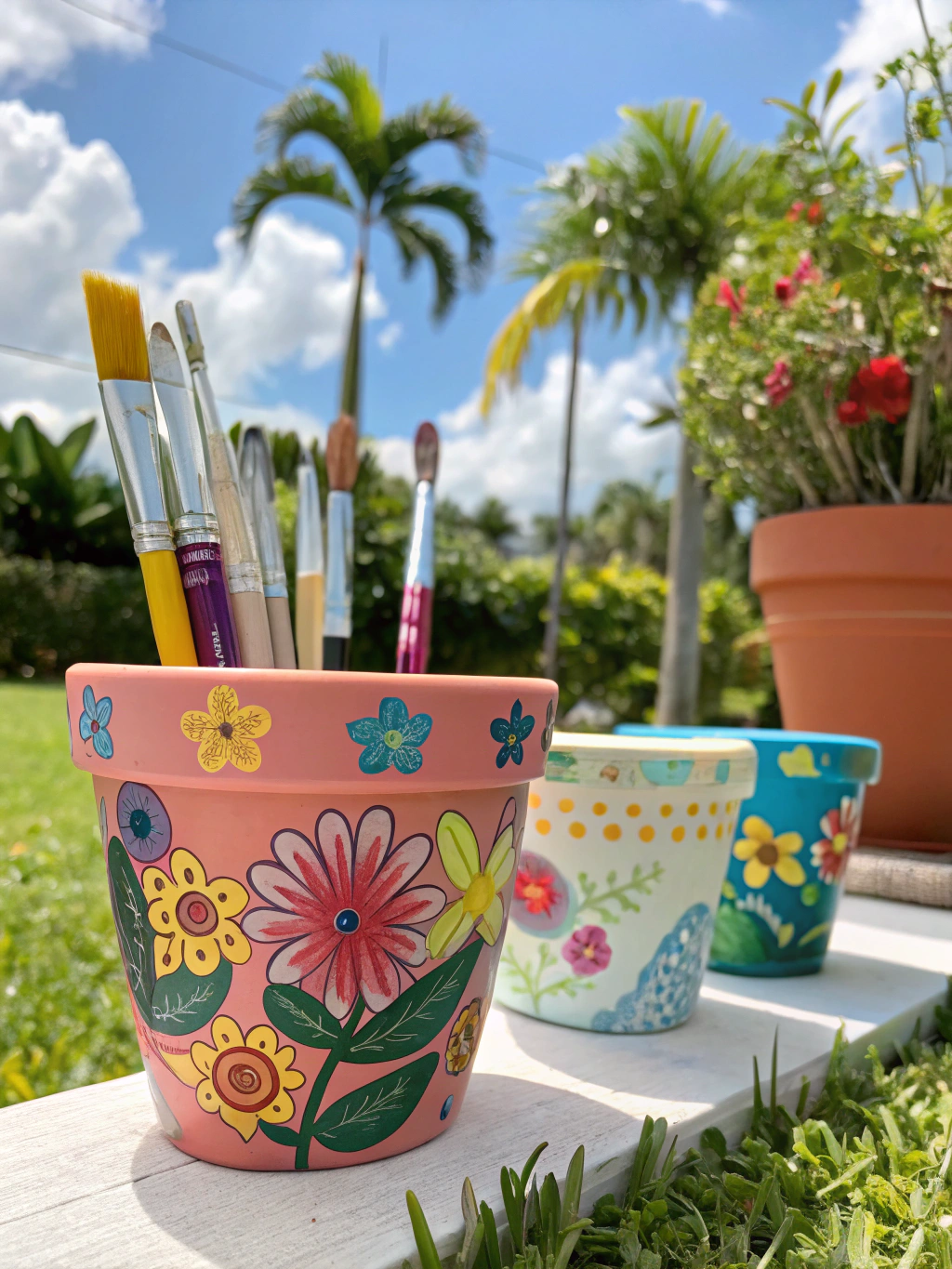 A hand holding a paintbrush applies a white primer coat to a clean terracotta pot resting on a drop cloth.