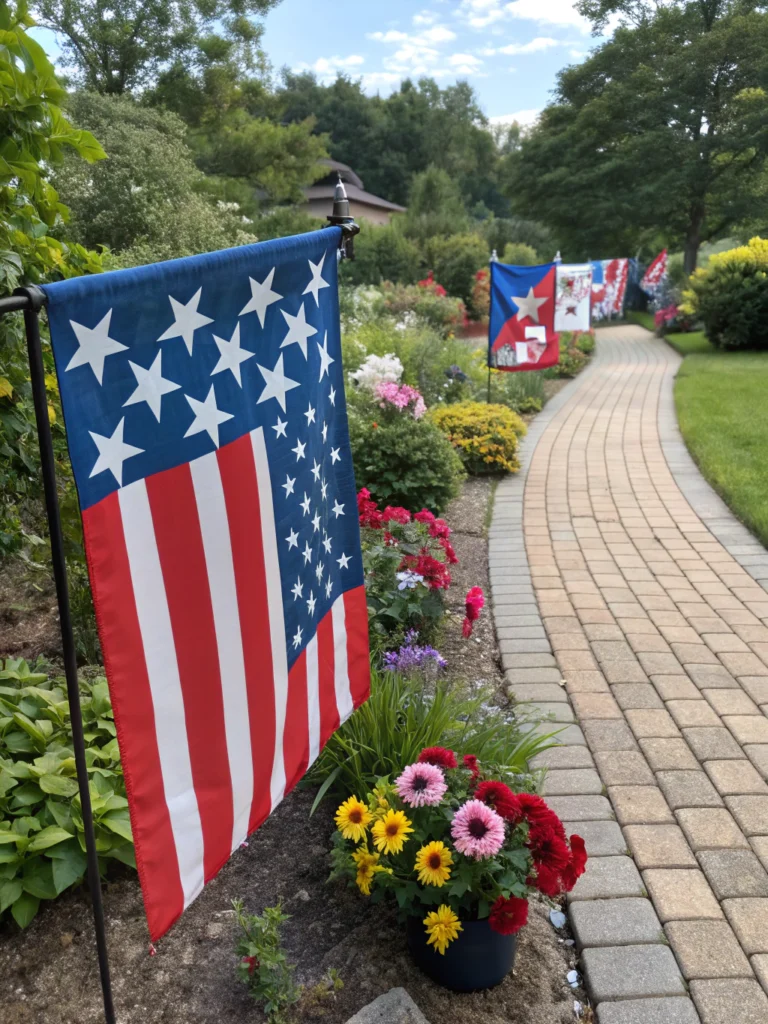 Colorful DIY patriotic garden flags waving in summer breeze.