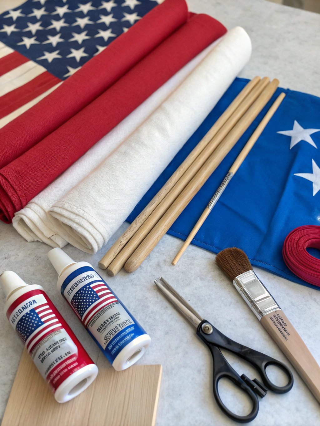 An organized flat lay of materials needed for making DIY patriotic garden flags, including fabric, paints, brushes, and dowel rods.