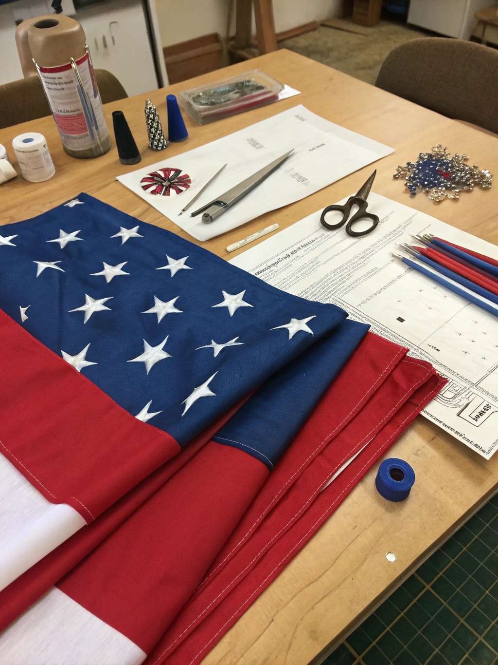 How to Make DIY Patriotic Garden Flags: best 5-Step Guide 3 DIY patriotic garden flag crafting materials laid out on a table.