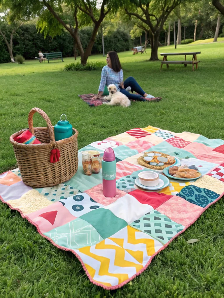 Colorful DIY picnic blanket on grass, showcasing crafting materials used in a 7-step tutorial in Austin park.