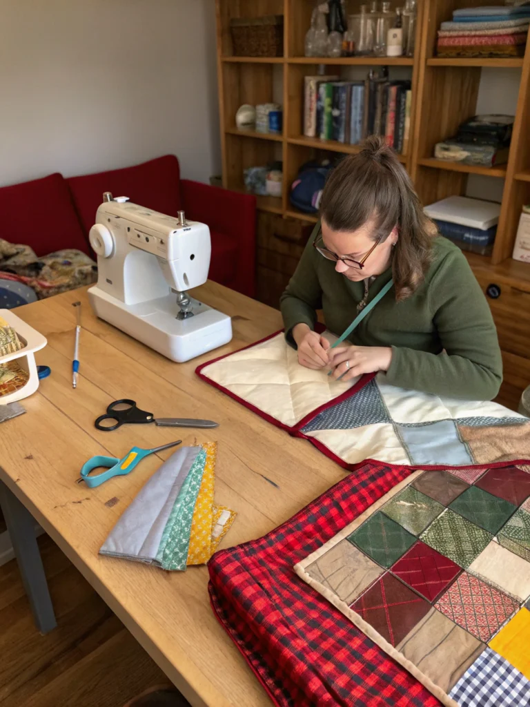 DIY Picnic Blanket Tutorial: How to Craft Your Own in 7 Easy Steps! 2 Crafting a DIY picnic blanket with scissors, fabric, and sewing machine in a home workshop.
