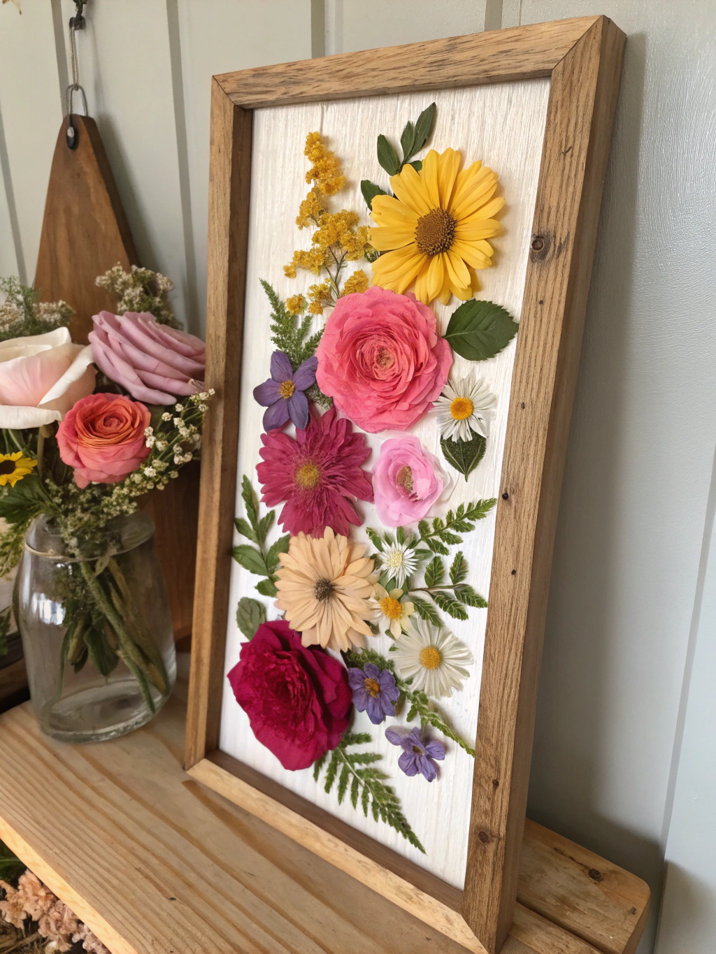 A collection of finished diy pressed flower art summer projects, including a framed piece, coasters, and a phone case.