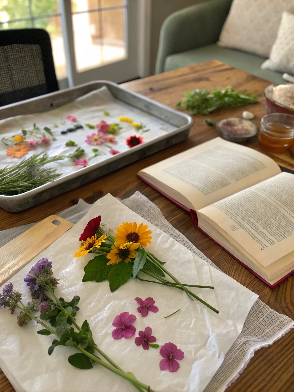 Essential materials and tools for creating diy pressed flower art summer projects laid out on a table.