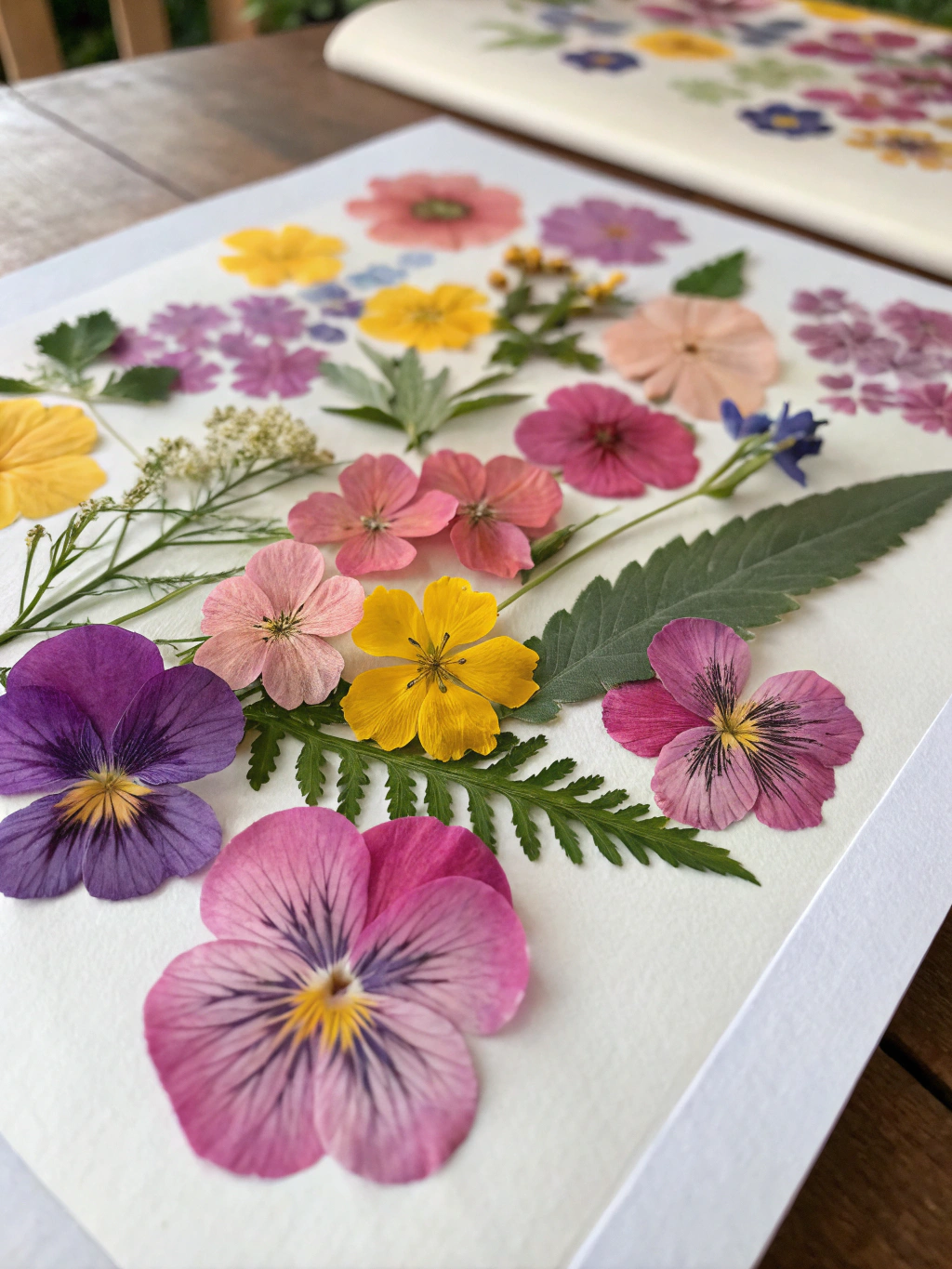 Step 3 in how to press flowers for diy pressed flower art summer: arranging flowers in a book with blotting paper.