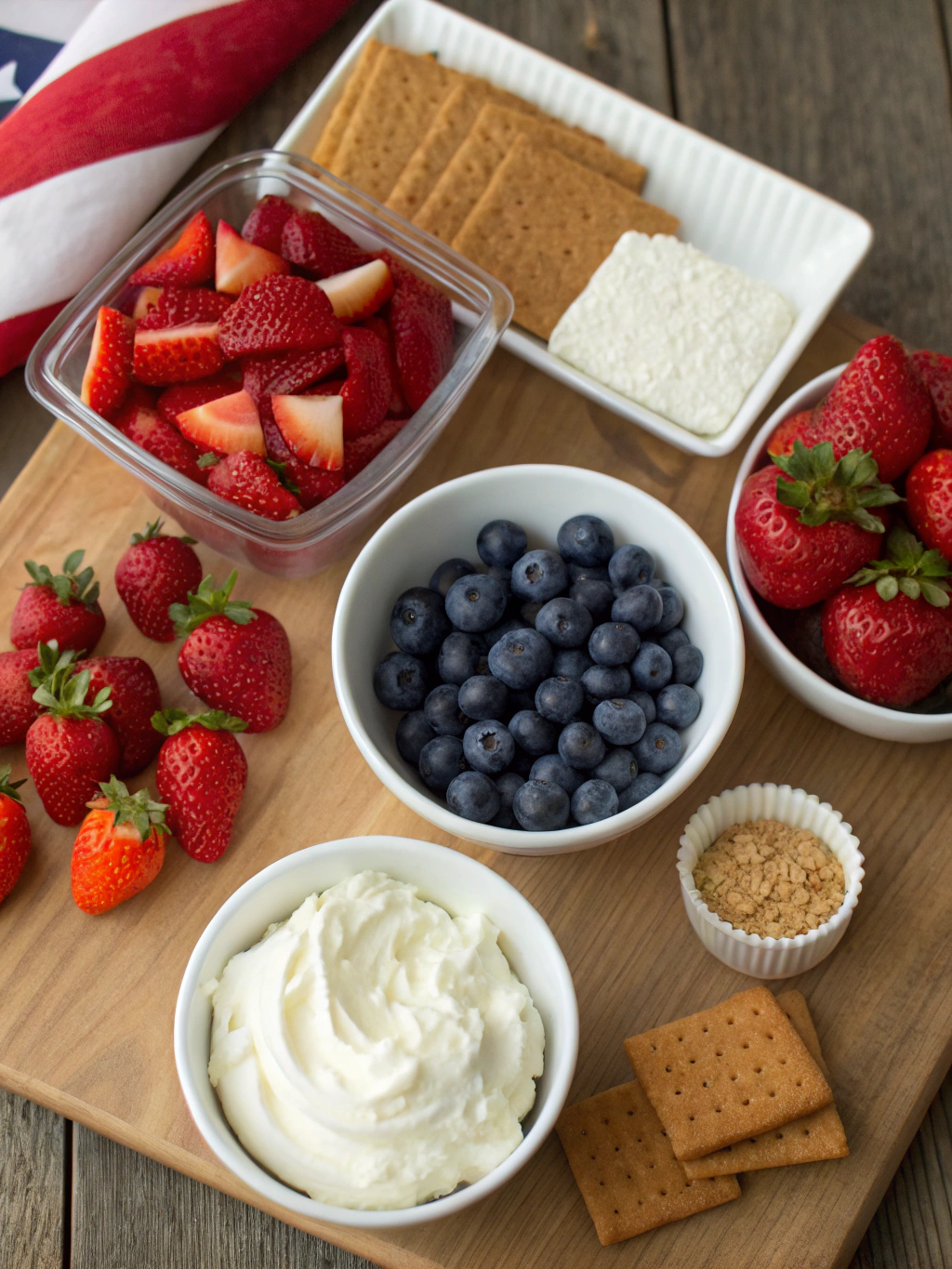 An assortment of common kitchen tools and ingredients for no-bake desserts, like berries, whipped cream, and clear glasses.