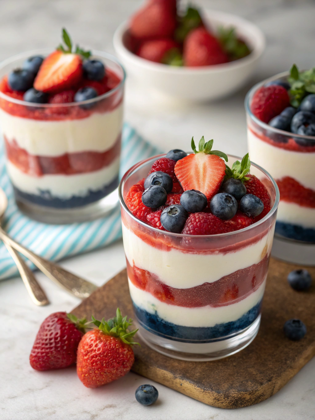 Step 1: Preparing red strawberries, white whipped cream, and blue blueberries for a layered dessert.