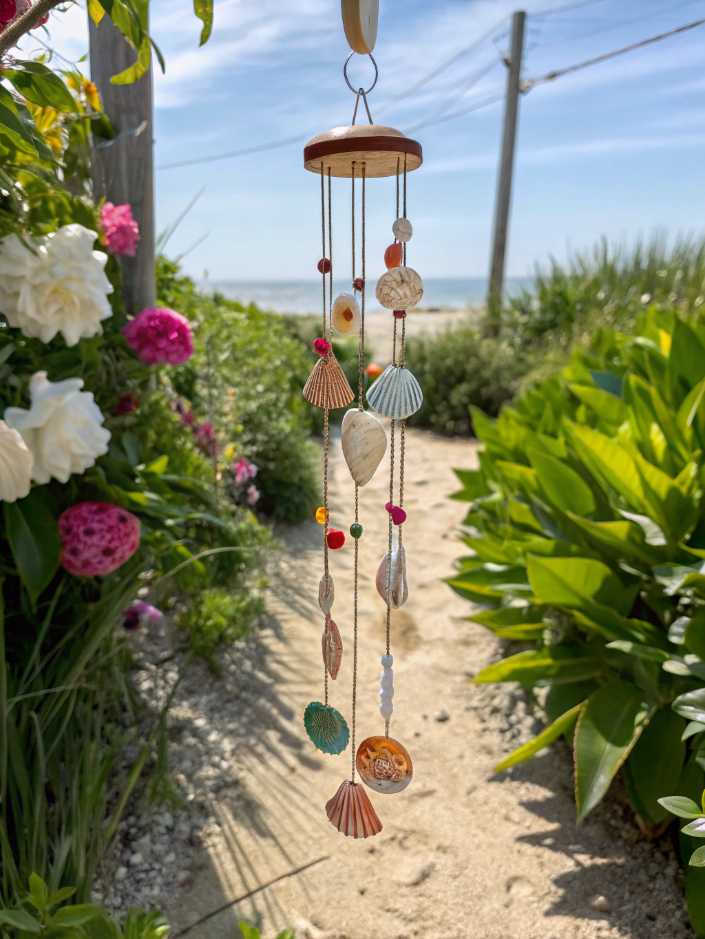 Final result of the beautifully crafted diy seashell wind chime The completed diy seashell wind chime hanging beautifully, with shells gently swaying in a soft breeze and sunlight catching their surfaces.