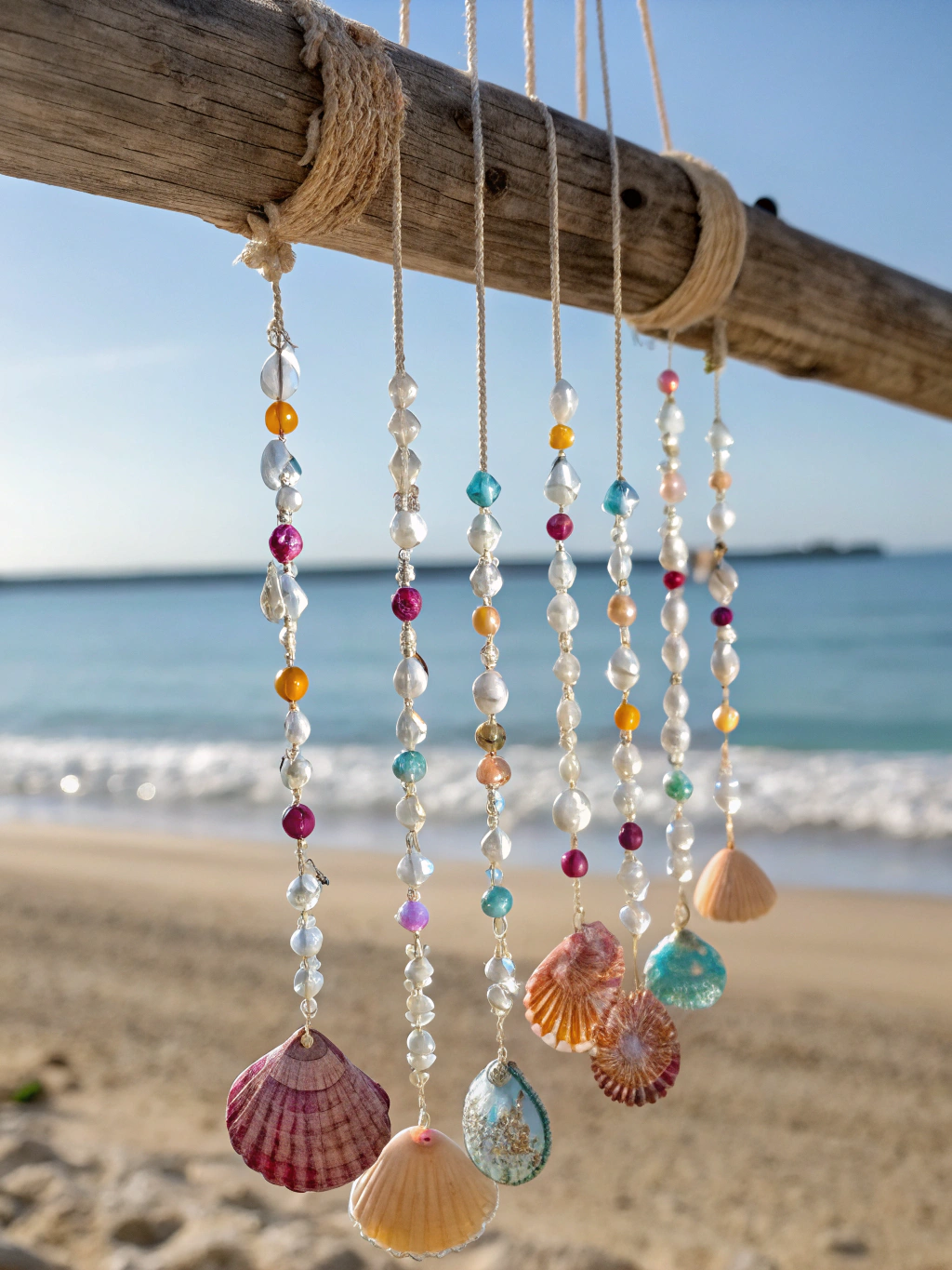 Hero image of a DIY Seashell Wind Chime A beautiful, handcrafted diy seashell wind chime hanging outdoors, with sunlight glinting off the shells.