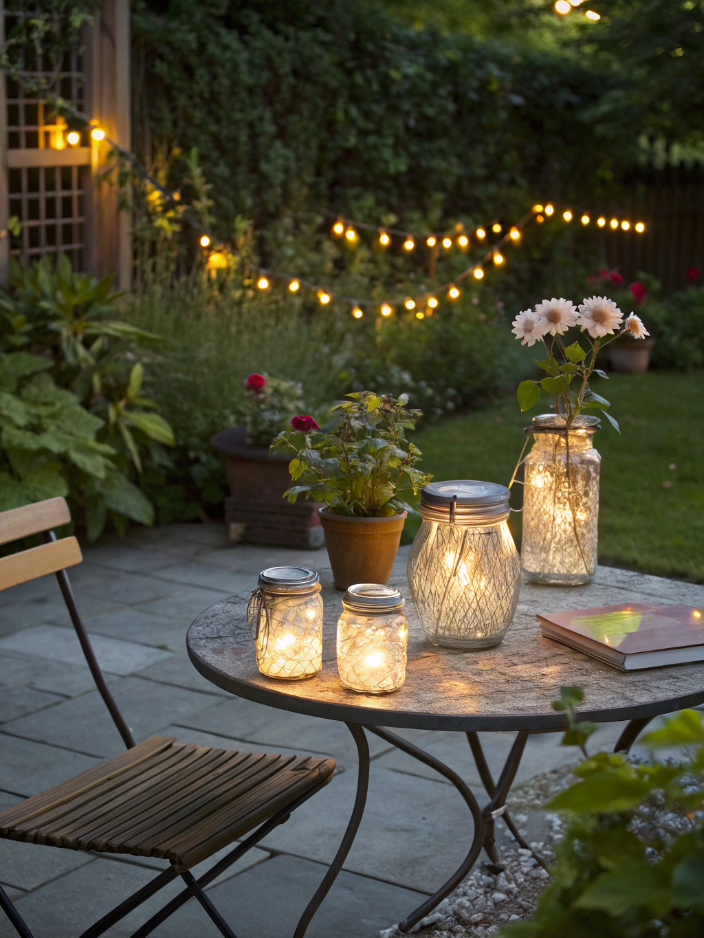 A beautiful array of finished diy solar jar lights glowing warmly in a garden setting at night.
