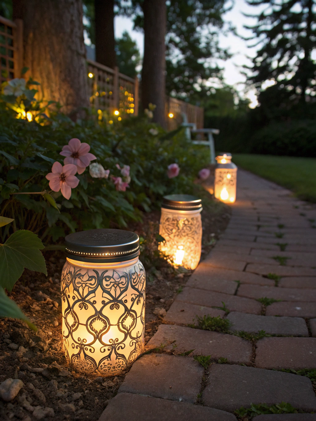 A collection of beautifully lit diy solar jar lights illuminating a garden path at dusk.