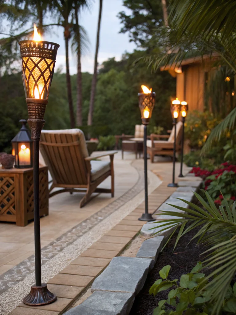 DIY Tiki torches lighting a cozy patio space at sunset, enhancing outdoor ambiance.