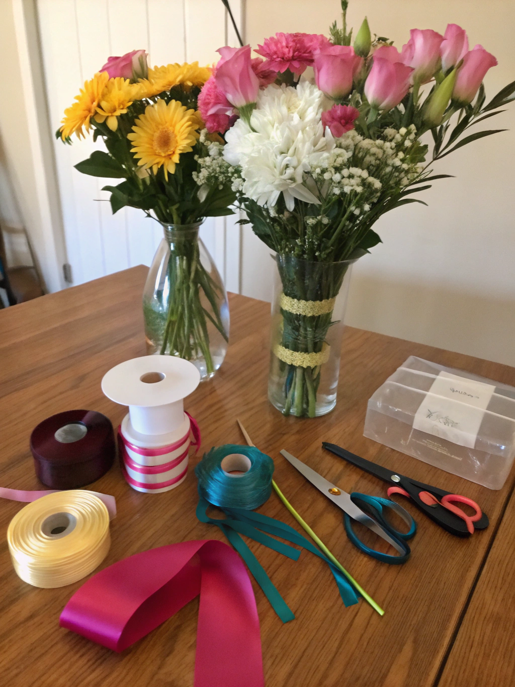 Assorted craft supplies for DIY graduation centerpieces laid out on a table