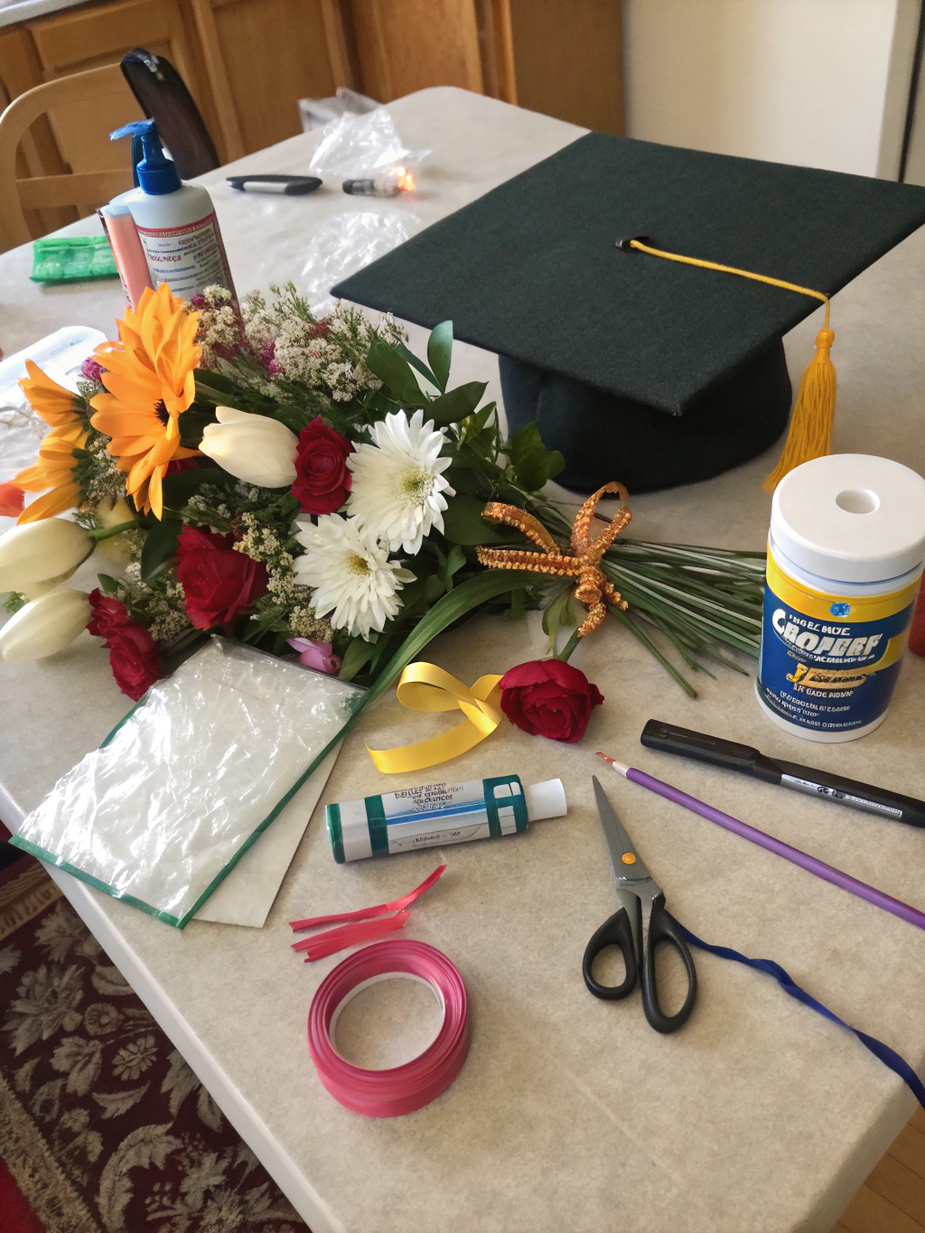 How to Craft 5 Easy DIY Graduation Centerpieces Now! 3 DIY graduation centerpiece materials laid on a table, showcasing a step in crafting process.