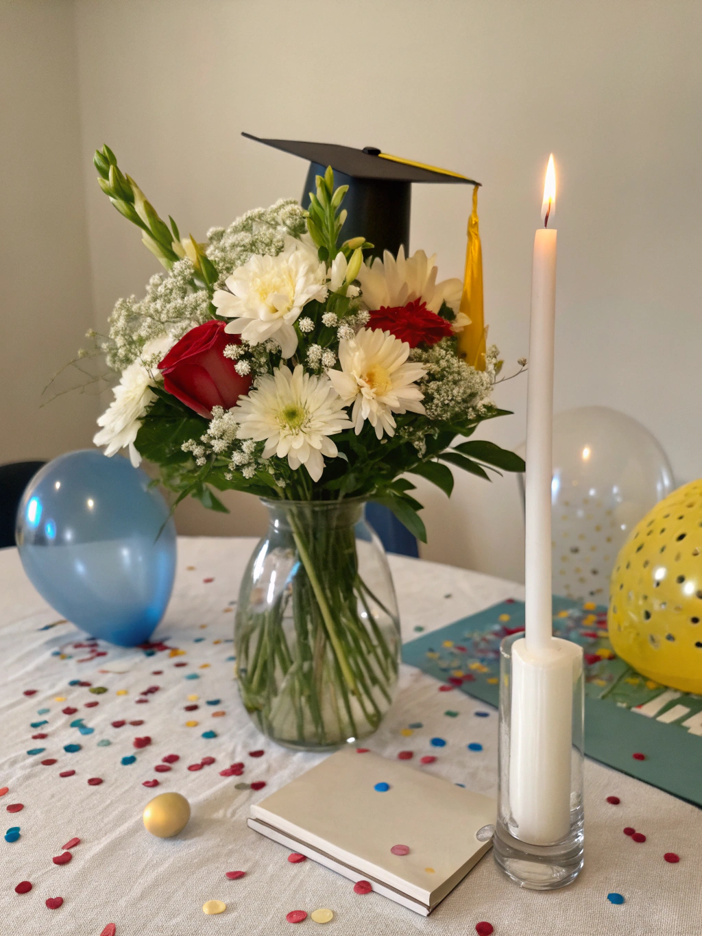 Finished easy DIY graduation centerpieces on a party table