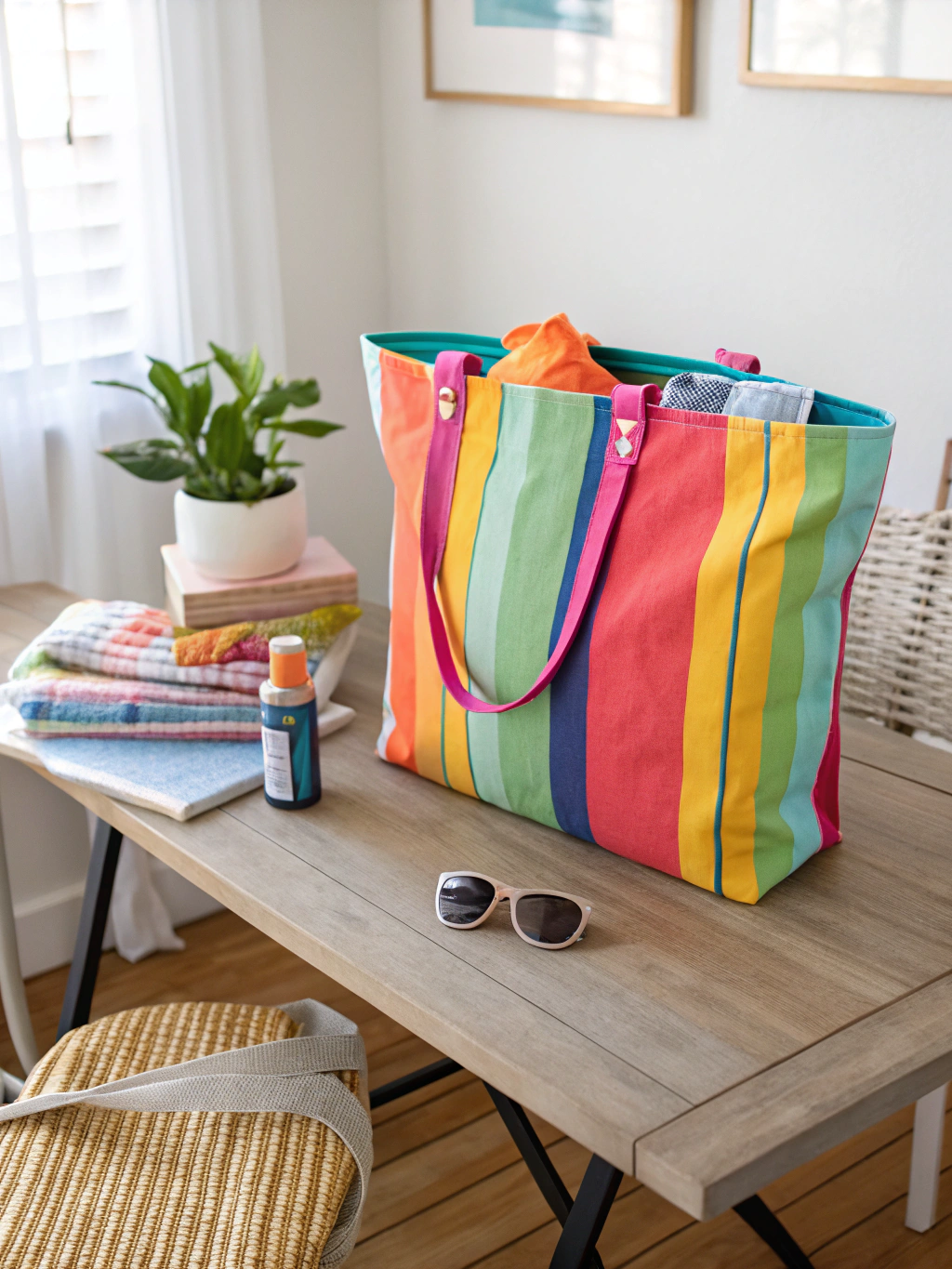Completed vibrant easy no-sew summer tote bag ready for use, showcasing its design.