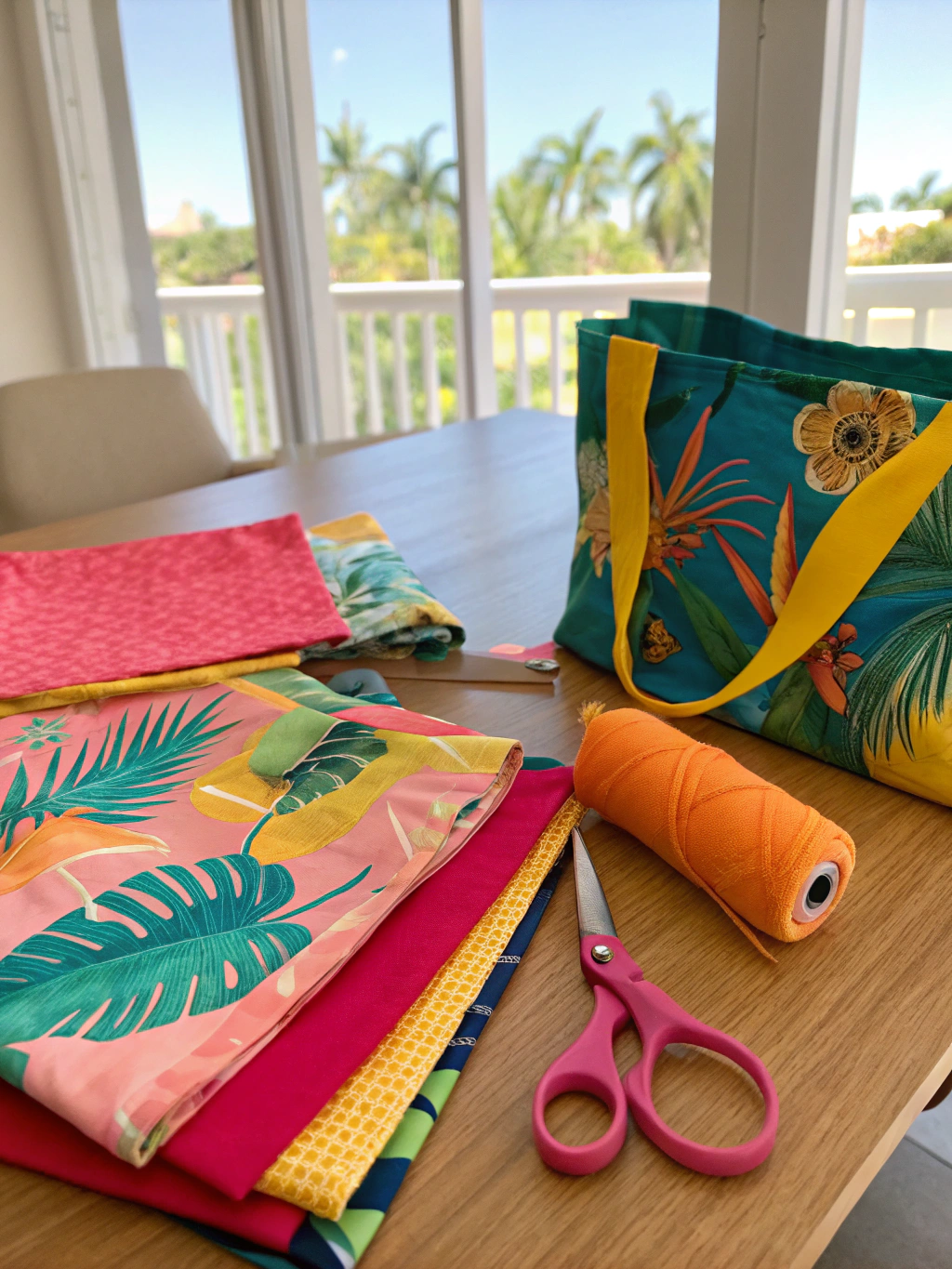 Materials and tools needed for the easy no-sew summer tote bag project.