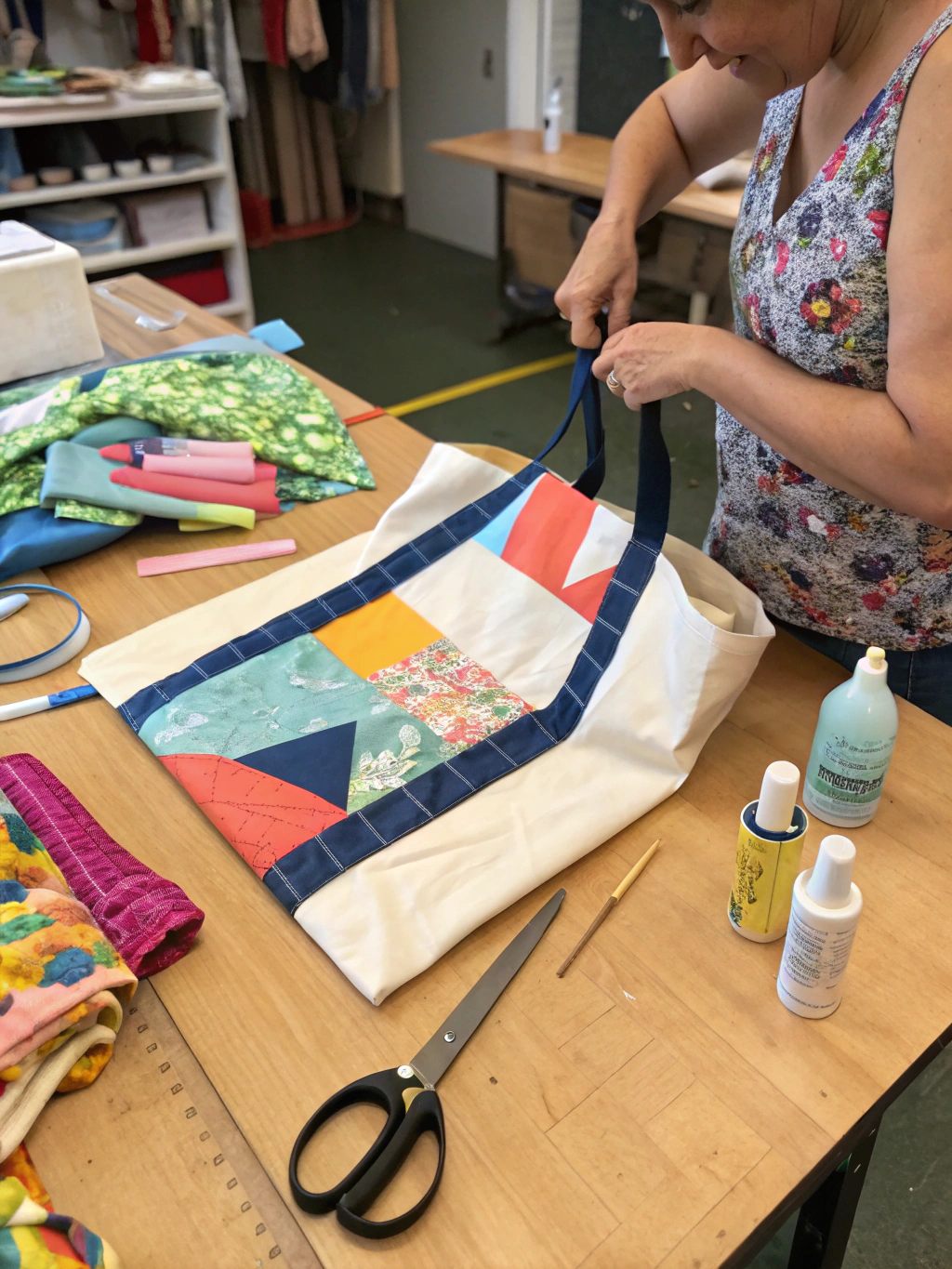 Step 1: Preparing fabric by measuring and cutting for the easy no-sew summer tote bag.