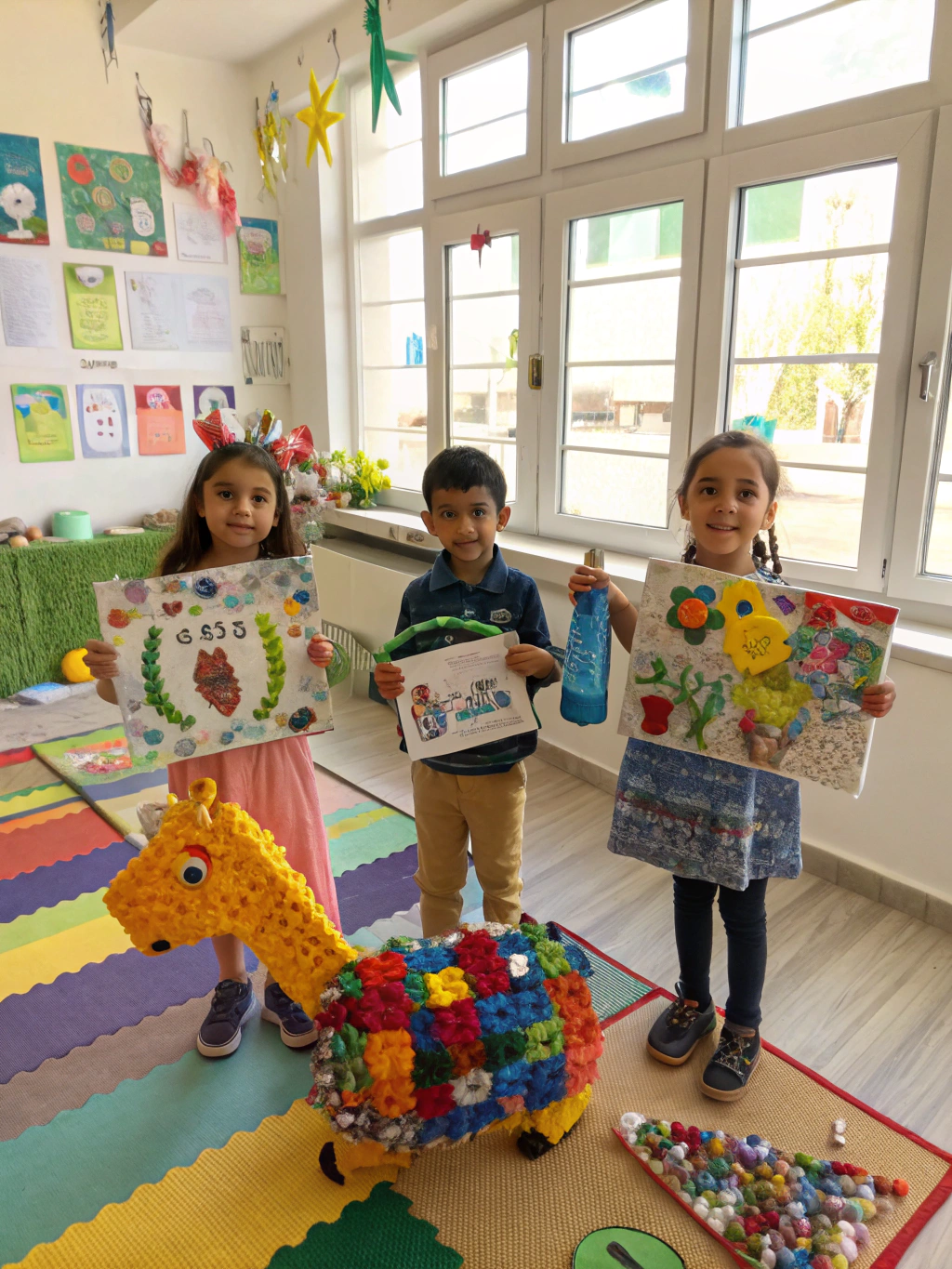 A vibrant display of all five completed easy recycled crafts for kids: the rocket, caterpillar, castle, pirate hat, and bottle cap mosaic.