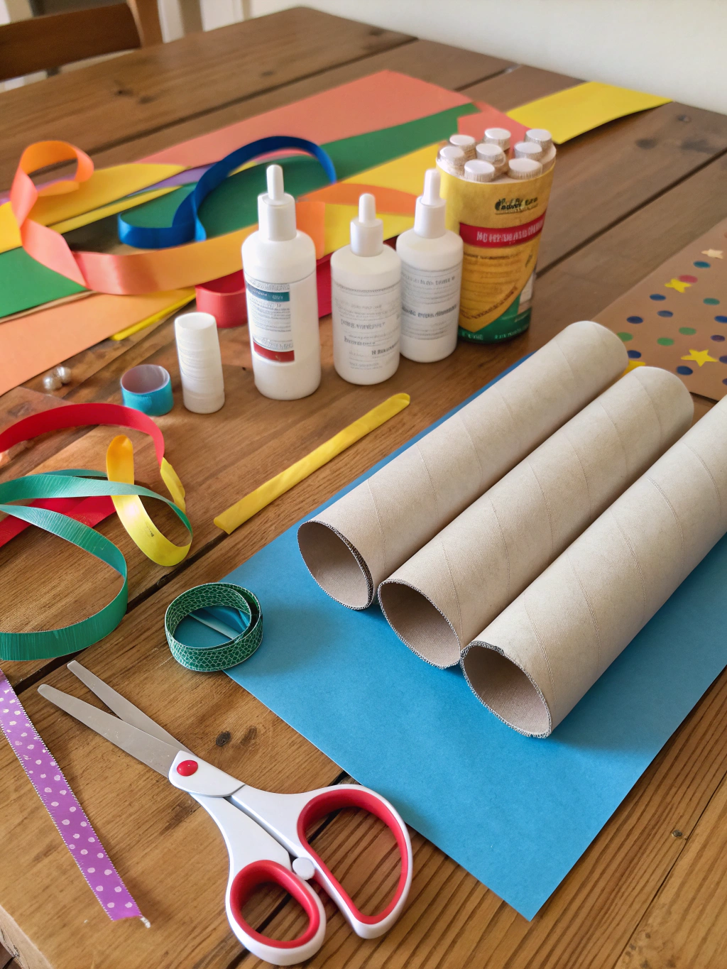 Assortment of common recycled craft materials like cardboard tubes, plastic bottles, egg cartons, newspapers, and basic art supplies like scissors, glue, and paint.
