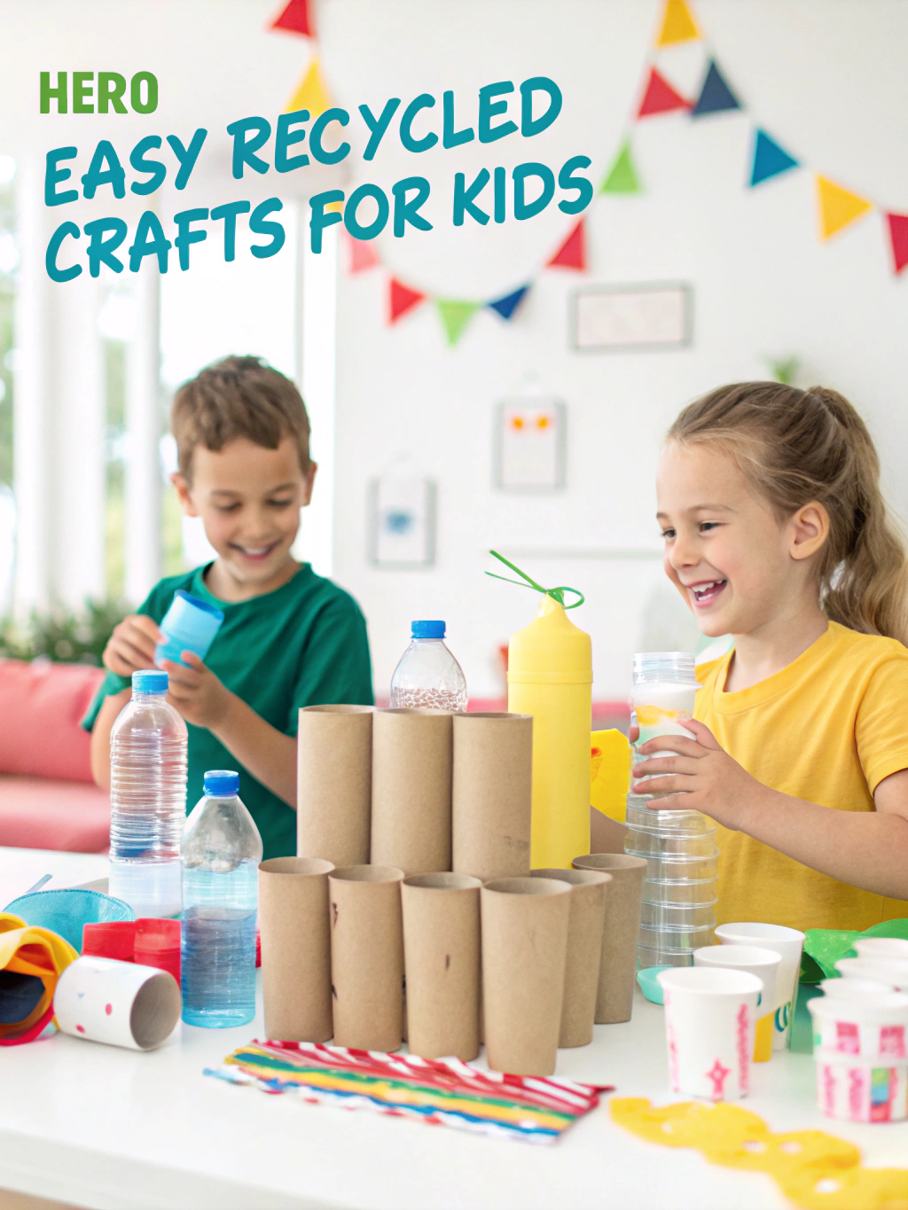 Collage of 5 easy recycled crafts for kids, featuring a bottle cap mosaic, a toilet paper roll rocket, a cereal box castle, an egg carton caterpillar, and a newspaper hat.