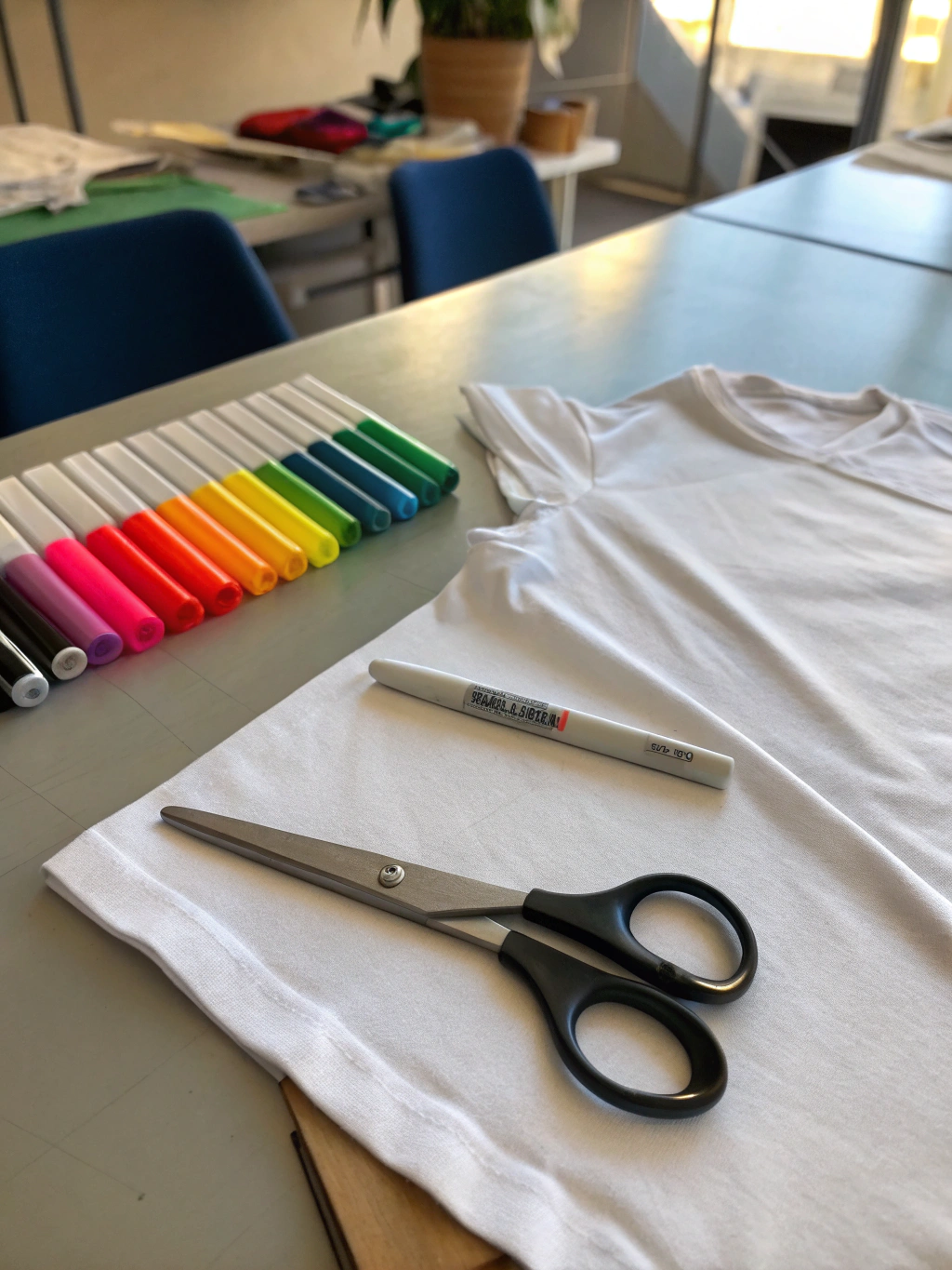 A collection of t-shirt cutting tools including sharp scissors, a rotary cutter, a cutting mat, chalk, and a ruler.