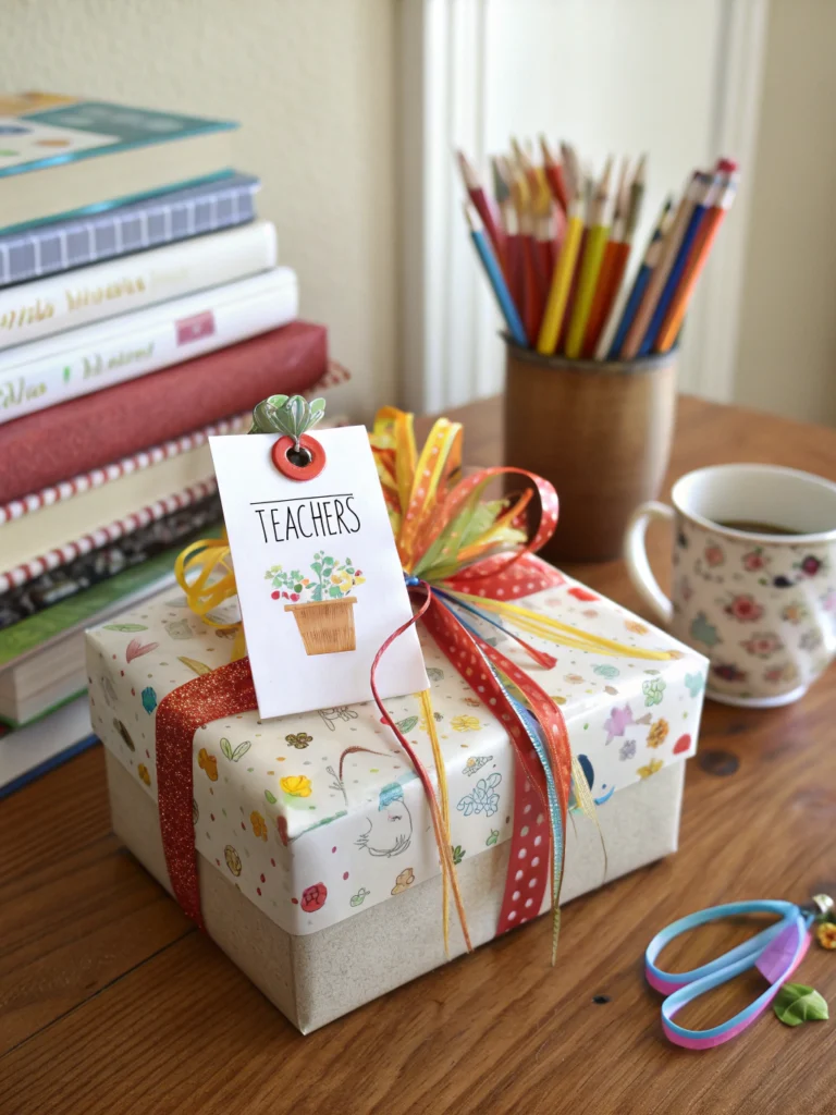 DIY teacher gifts with thank you card and craft supplies for end of school year celebration.