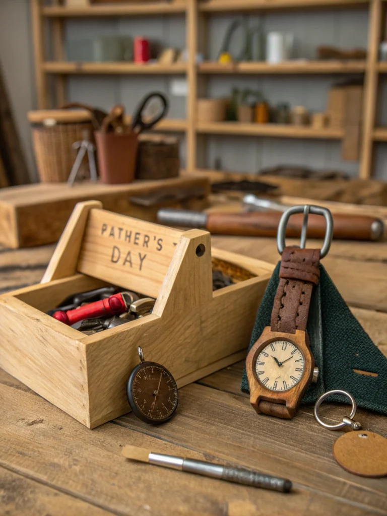 Father unwrapping DIY Father's Day gift, showcasing handmade sentiment and surprise.