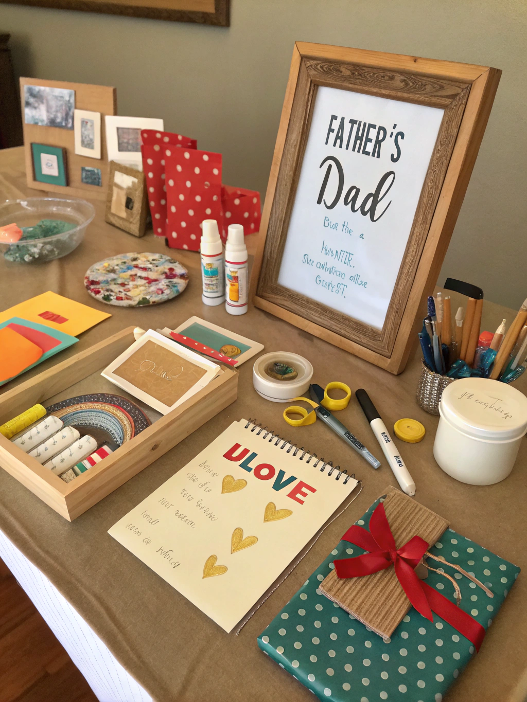 A collection of common crafting tools and materials like scissors, glue, colored paper, markers, and twine arranged neatly on a wooden table.